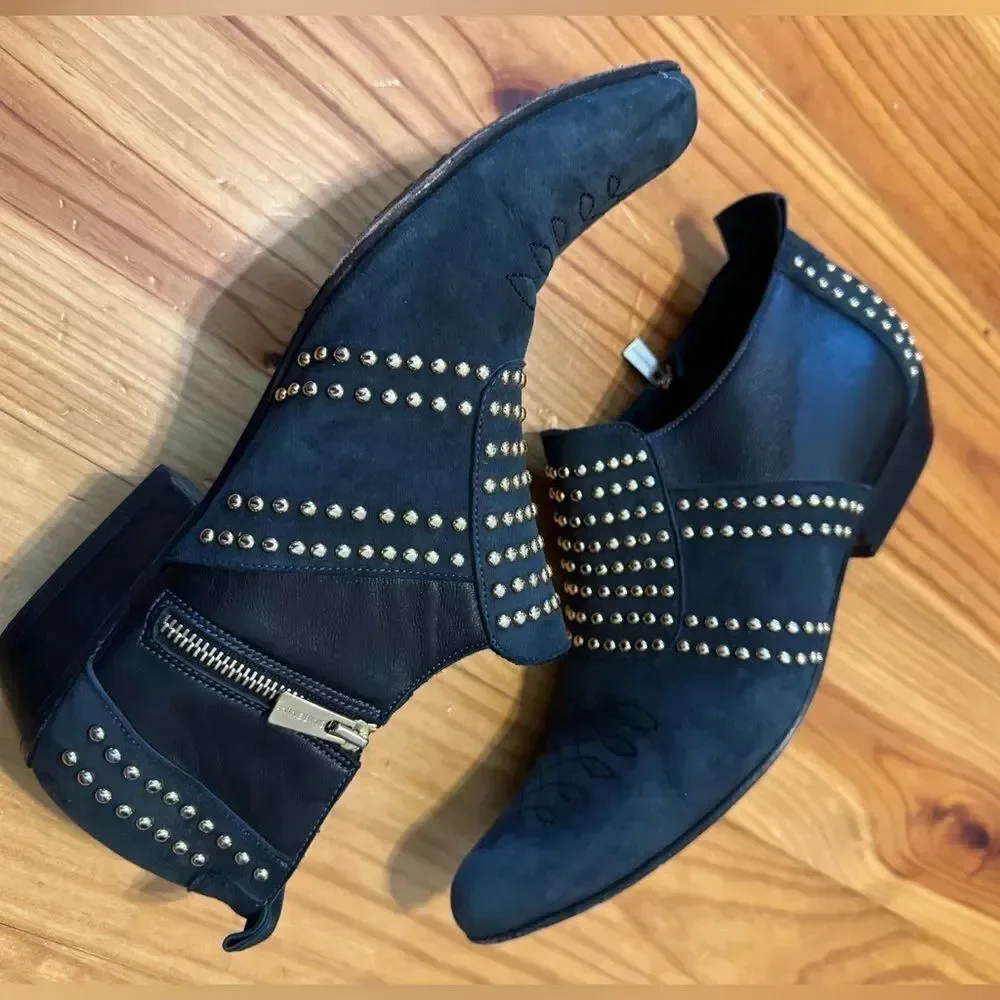 ANINE BING Charlie Low Ankle Boots SZ 38/7 Black Suede Gold Stud Embellishments